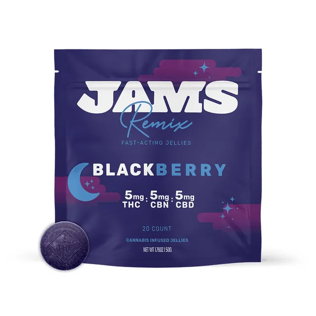 JAMS Blackberry 5mg ea | 20-Pack | 1:1:1 THC:CBD:CBN Fast-Acting Ratioed Gummies